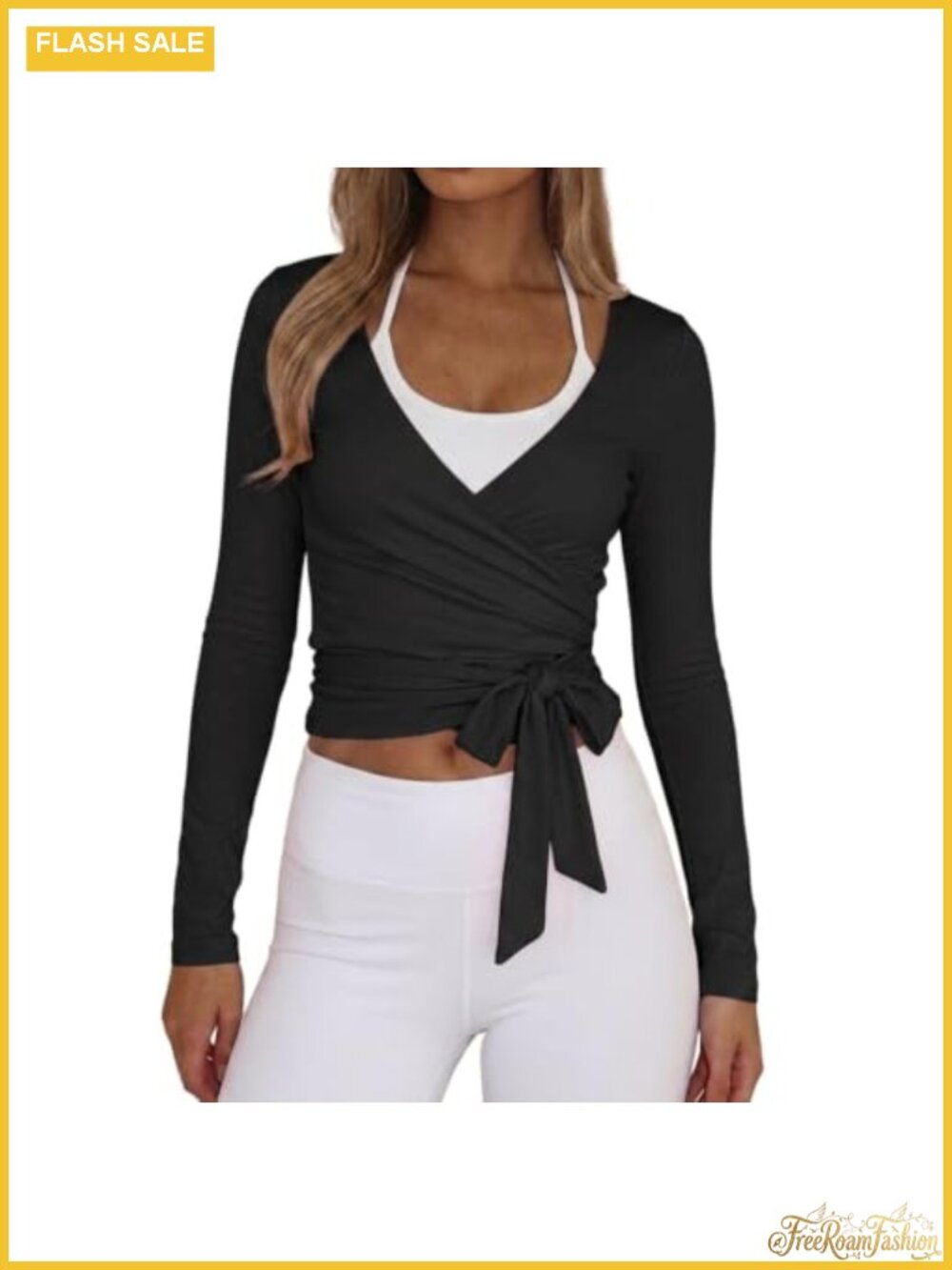 Women's Wrap Top Long Sleeve Deep V Neck Crop Yoga Pilates Ballet Self Tie Shirt